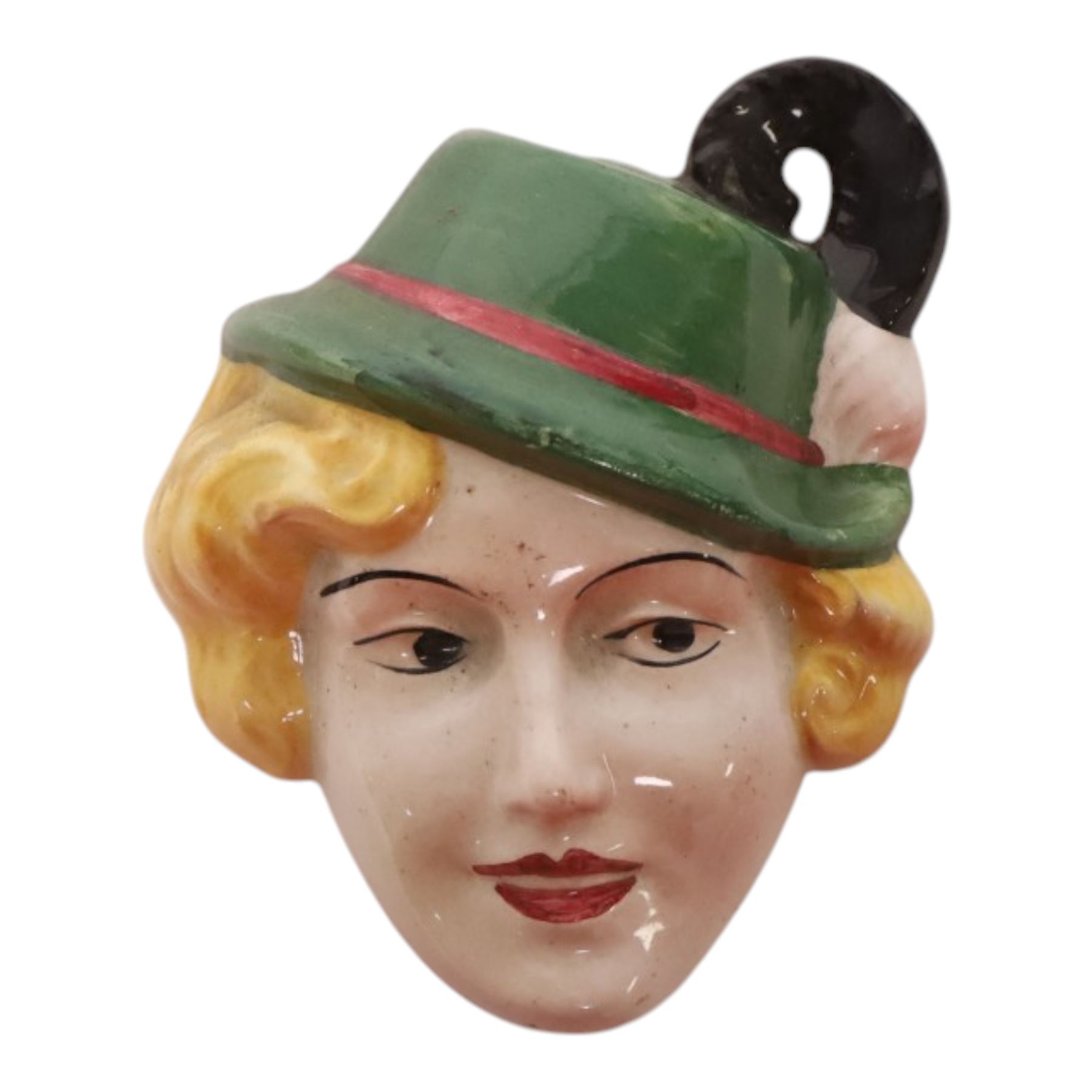 Goebel Art Deco wall mask, Lady in Tyrolean Hat, with impressed mark, together with a similar C & Co example 