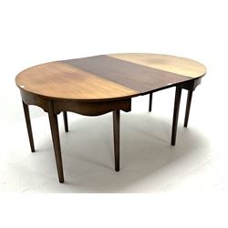 Mahogany circular dining table consisting of two d-end demi-lune side/console table, square tapering reeded supports