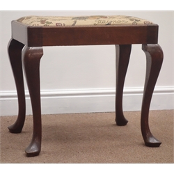  Queen Anne style oak rectangular stool with drop in upholstered seat, on cabriole legs with pointed pad feet, W55cm, H50cm, D42cm  