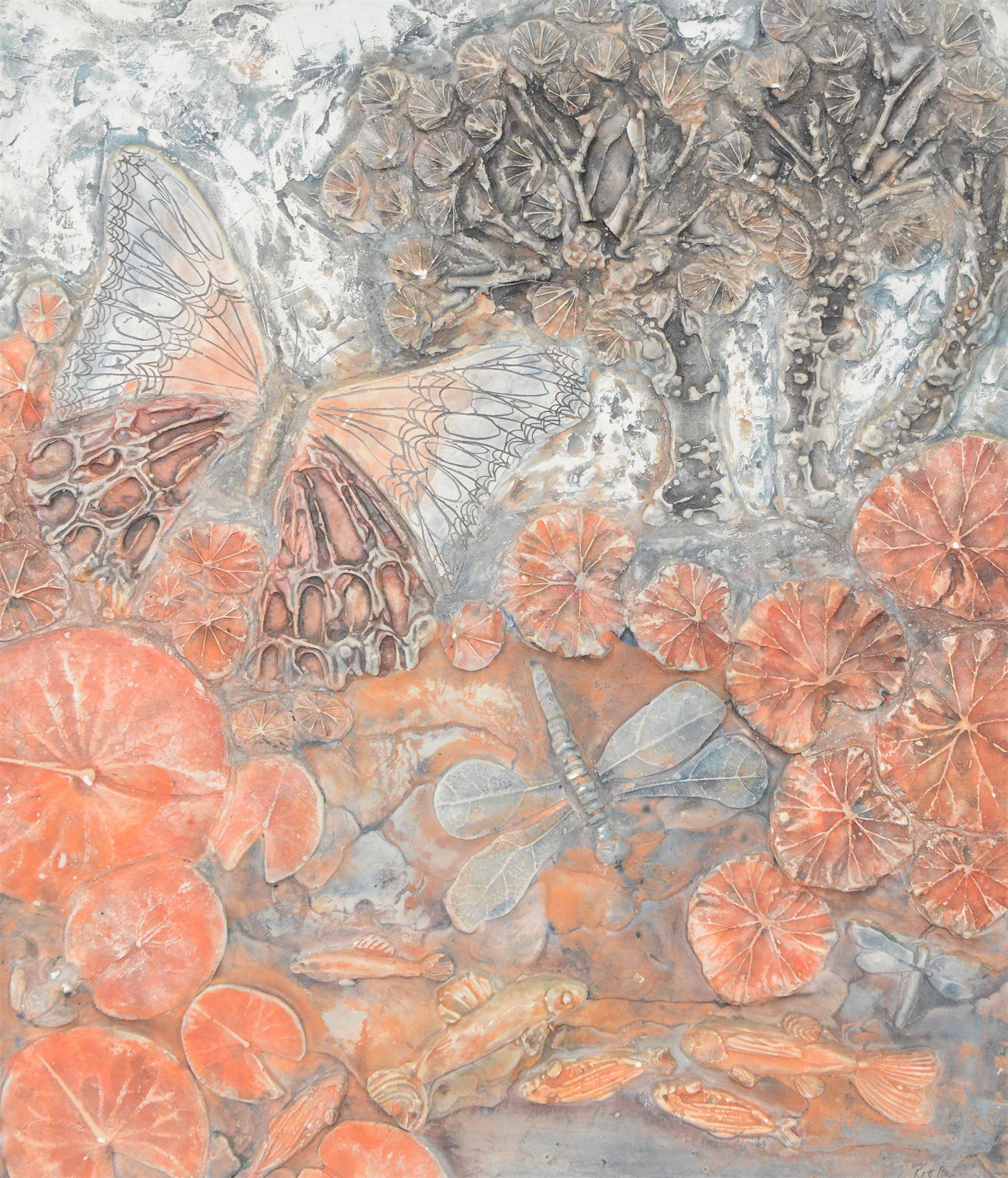 Bernard Rooke (British 1938-): Dragonflies above a Fish Pond, plaster relief, signed, H60cm, W52cm