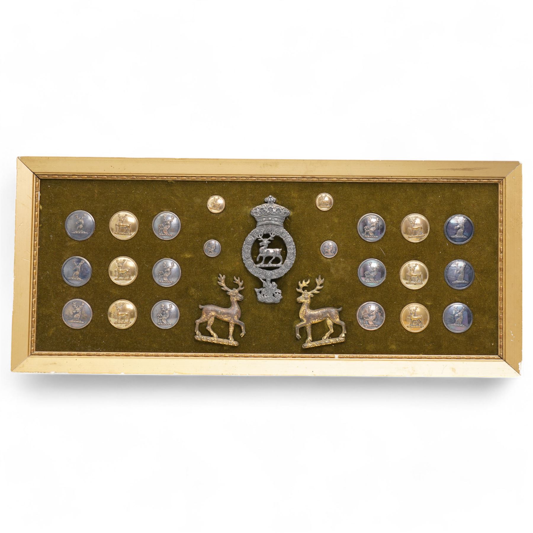 Collection of twenty two 19th century livery buttons with stag motif, badge with stag and St George design and two gilt stag  badges, framed 18cm x 44cm 