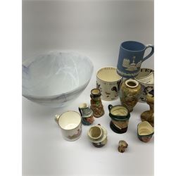 Portmeirion glass bowl,  Wedgwood jasper ware trinket boxes and other items, Wedgwood 'The Imperial Banquet' figure, small Royal Doulton and other character jugs etc, in one box