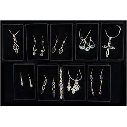 Silver stone set jewellery including Mackintosh style amethyst bangle, seven pairs of earrings and four necklaces