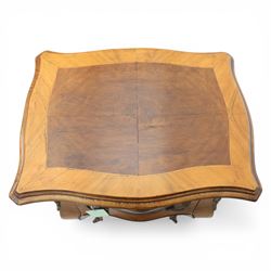 Louis XV style kingwood bedside chest, shaped and crossbanded top above two bombe drawers with cast brass handles, the sides applied with ormolu mounts, on slender cabriole legs terminating in metal sabots