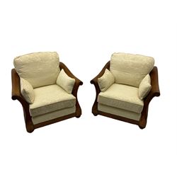 Multi-York - Hardwood framed bergère lounge suite, three seat sofa (W204cm), and pair matching armchairs (W90cm), upholstered in cream floral pattern fabric 