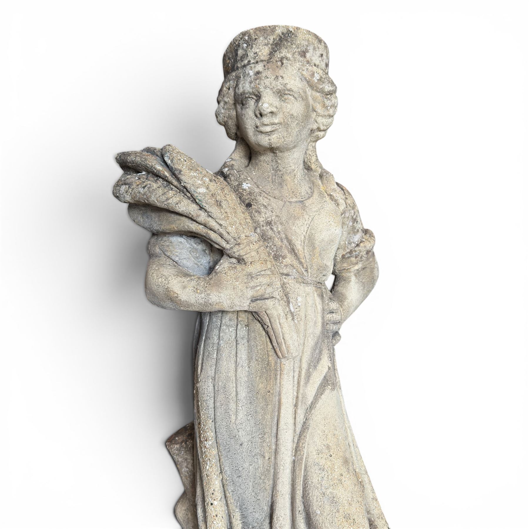 The Four Seasons - set of four traditional cast stone garden figures, in a weathered finish, stamped 'Lucas'