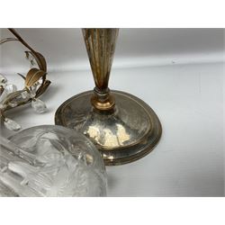 Two silver plate candelabras, together with two glass decanters, necklace and other collectables 