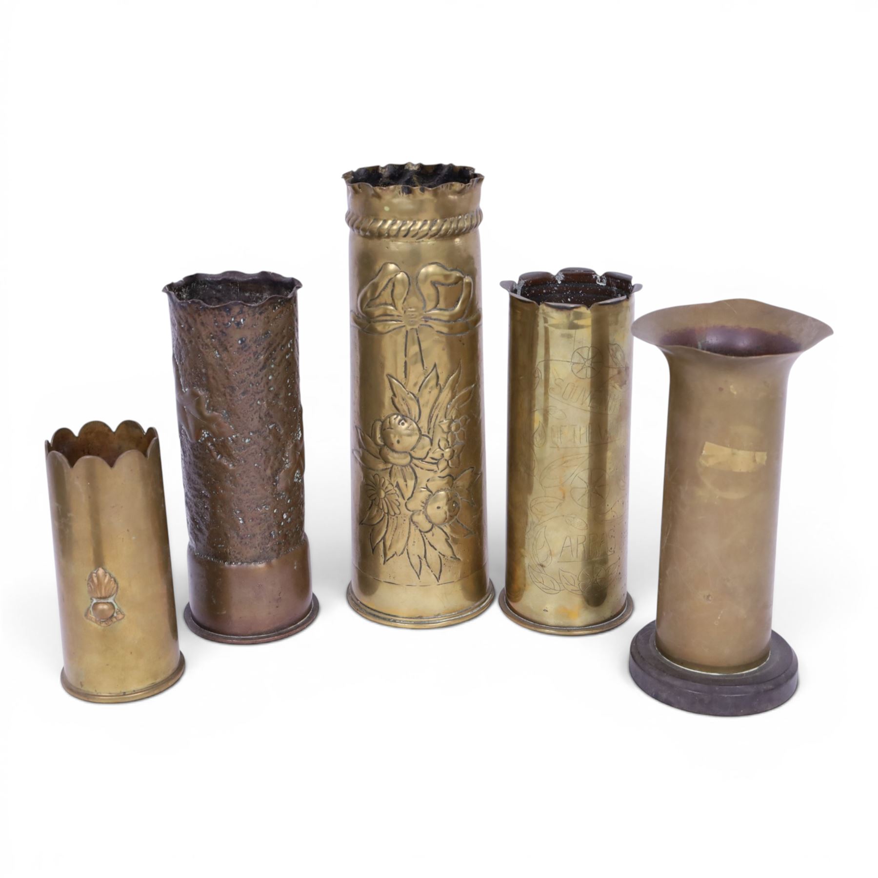 Eleven tench art shell case vases, including examples decorated in relief, with flowers, largest H30cm