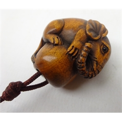  Japanese Meiji boxwood Inro carved as an Elephant with Calf Netsuke inset with glass eyes & ojime, with signature, H8.5cm Provenance: private collection   
