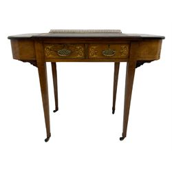 Edwardian inlaid rosewood writing desk, inset leather top with brass gallery back, hinged side compartments, two drawers