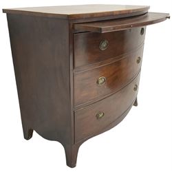 George III mahogany bow-front chest, shaped top with satinwood stringing, fitted with brushing slide over three graduating cock-beaded drawers, shaped apron over bracket feet