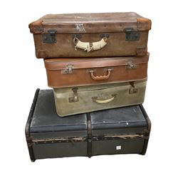Four vintage suitcases / trunk, to include leather example by H. J. Cave and Sons of London, L64cm