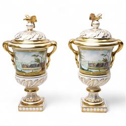 Pair of Coalport Eagle commemorative vases and covers, painted with scenes of Coalbrookdal...