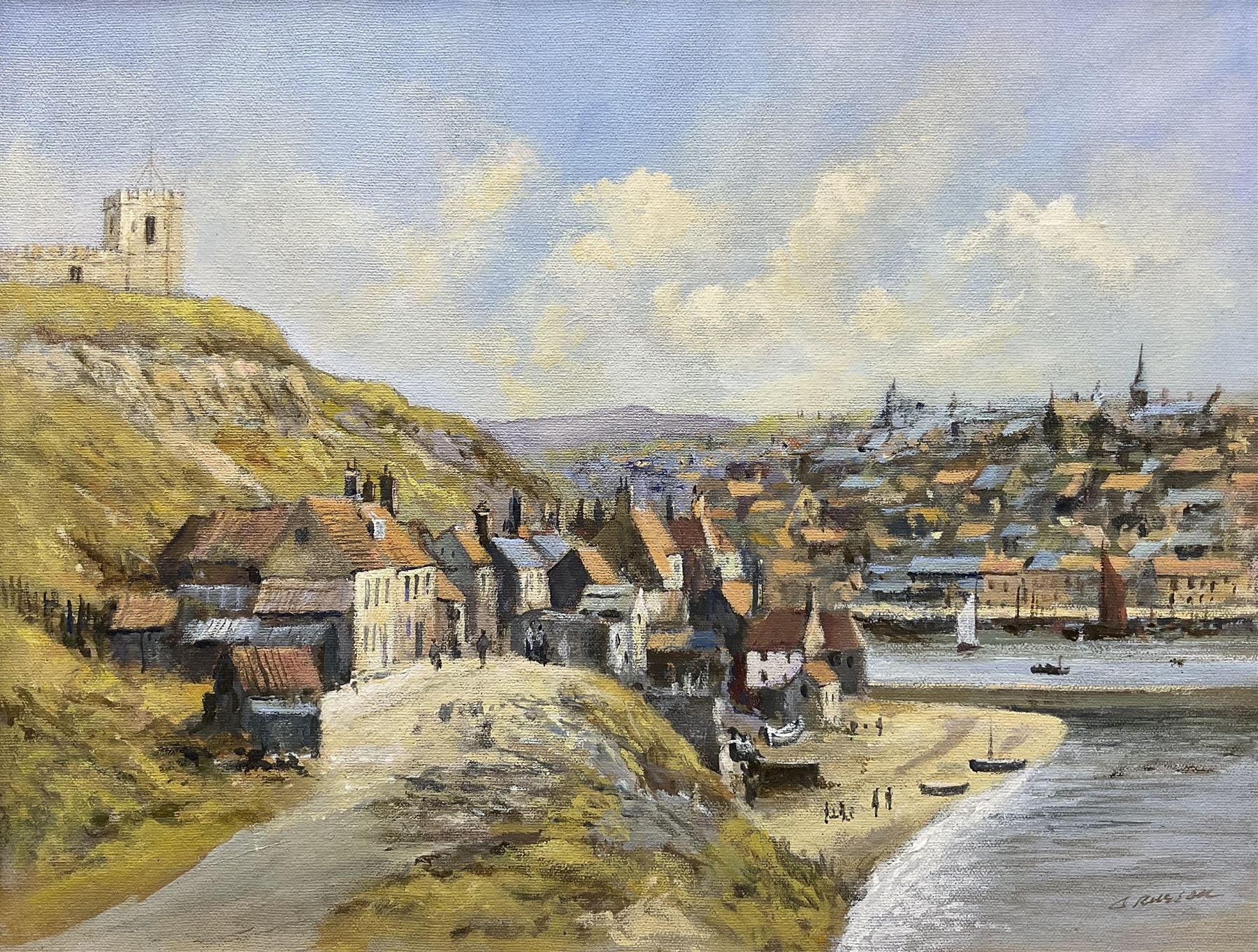 Colin Russell (Northern British 1932-2009): Henrietta Street - Whitby, oil on canvas signed 34cm x 44cm 