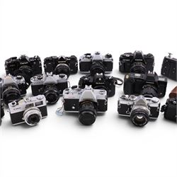 Collection of cameras, Nikon EM, Fujica ST605, Olymous OM2, etc