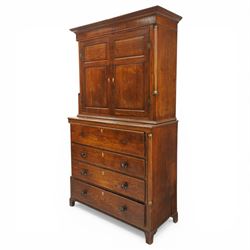 George III oak and mahogany bound enclosed bookcase-secretaire, panelled cupboards over four drawers
