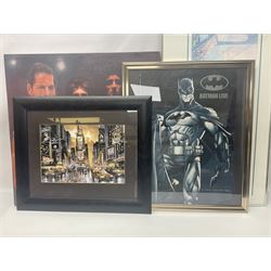 Large quantity of miscellaneous collectables to include metal sign engraved ‘West Yorkshire Fire Service Knottingley’, stamps, posters and further ephemeral items etc, together with a framed Batman print, Queen canvas print, and a limited edition f/g cityscape print, in two boxes
