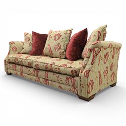 Alstons - traditional design three seat sofa, loose feather cushions, upholstered in red and gold '5911' fabric