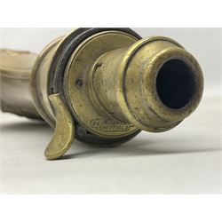 Copper and brass powder flask by G. & J.W. Hawksley Sheffield with embossed panel of 'Pharaohs Horses' to one side H21cm