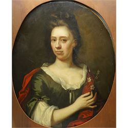 Circle of Michael Dahl (British/Swedish 1659-1743): Portrait of a Lady with Flowers, early 18th century oval oil on canvas unsigned 75cm x 61cm