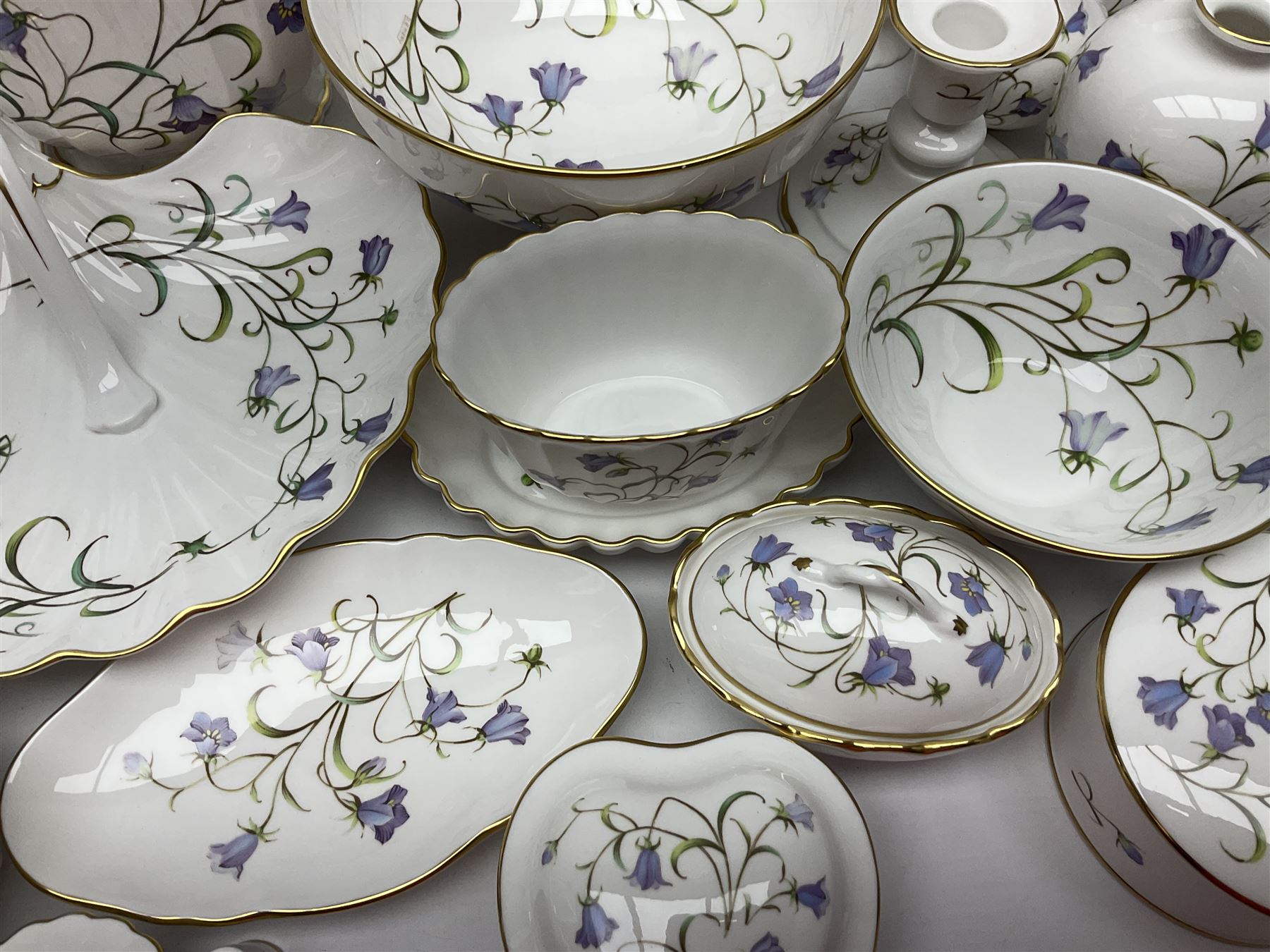 Large collection of Spode Campanula pattern ceramics, to include two cake plates, candle stick, vases bowls, planter, covered bon bon dish etc, many with boxes 
