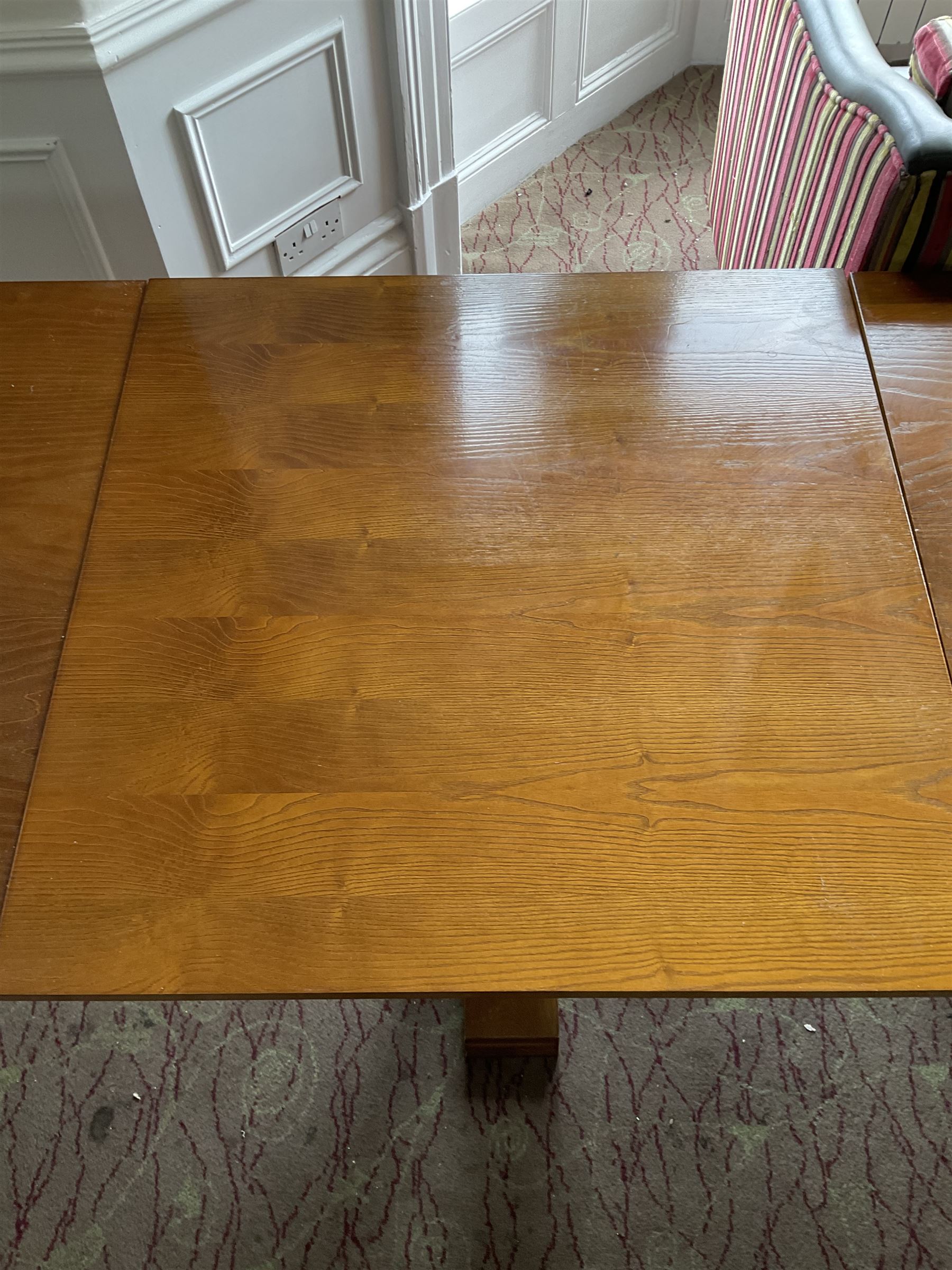 Four square walnut finish dining tables - LOT SUBJECT TO VAT ON THE HAMMER PRICE - To be collected by appointment from The Ambassador Hotel, 36-38 Esplanade, Scarborough YO11 2AY. ALL GOODS MUST BE REMOVED BY WEDNESDAY 15TH JUNE.