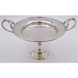 1920's silver twin handled pedestal dish, the shallow circular bowl with twin curved acanthus detailed handles, upon a knopped stem and spreading circular foot, hallmarked Fowler & Polglaze Ltd, London 1926, including handles H15cm D18cm, approximate weight 11.45 ozt (356.2 grams)