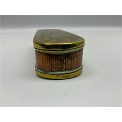 Late 18th/early 19th century Dutch brass and copper tobacco box, of oval form, the hinged opening cover and base engraved with figural scenes, the sides engraved with script, H3cm L15.5cm