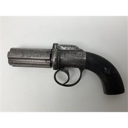 19th century percussion six-shot pepperbox revolver, approximately 32 calibre with 7.5cm barrels, L21cm overall