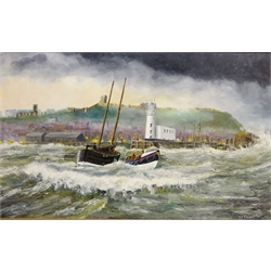  Scarborough Lifeboat in the Harbour on a Rescue, 20th century oil on board signed by Robert Sheader 37.5cm x 60cm   