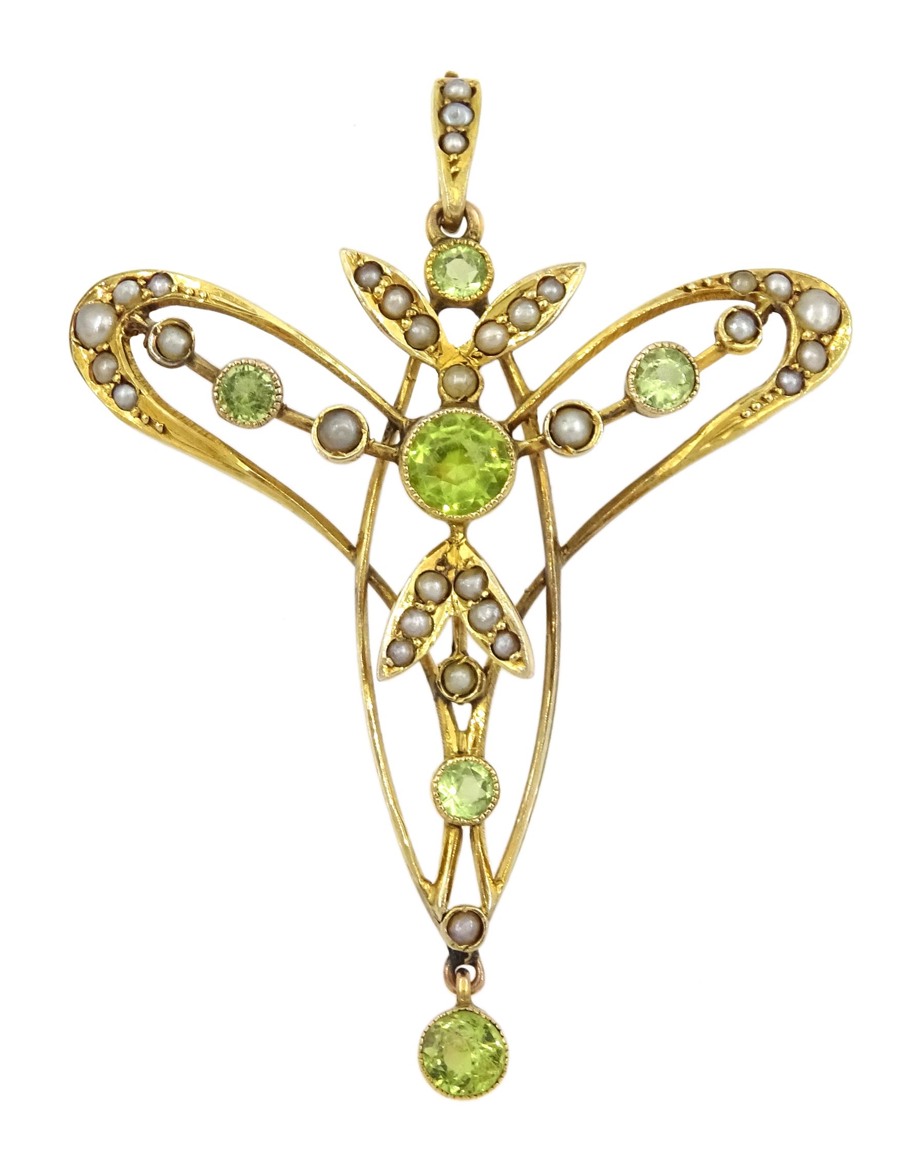 Edwardian Art Nouveau gold peridot and seed pearl pendant/brooch, stamped 9ct, boxed