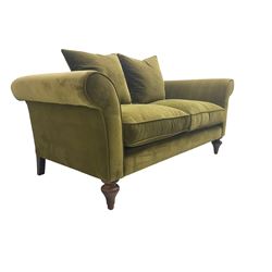 Sofas & Stuff - 'Clavering' two seat sofa upholstered in olive green velvet, scrolled arms, on turned front supports, with matching scatter cushions