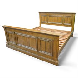 Contemporary oak superking sized bed and unused mattress, panelled headboard and footboard, with slats and superking William Night 'Rock Firm' mattress  