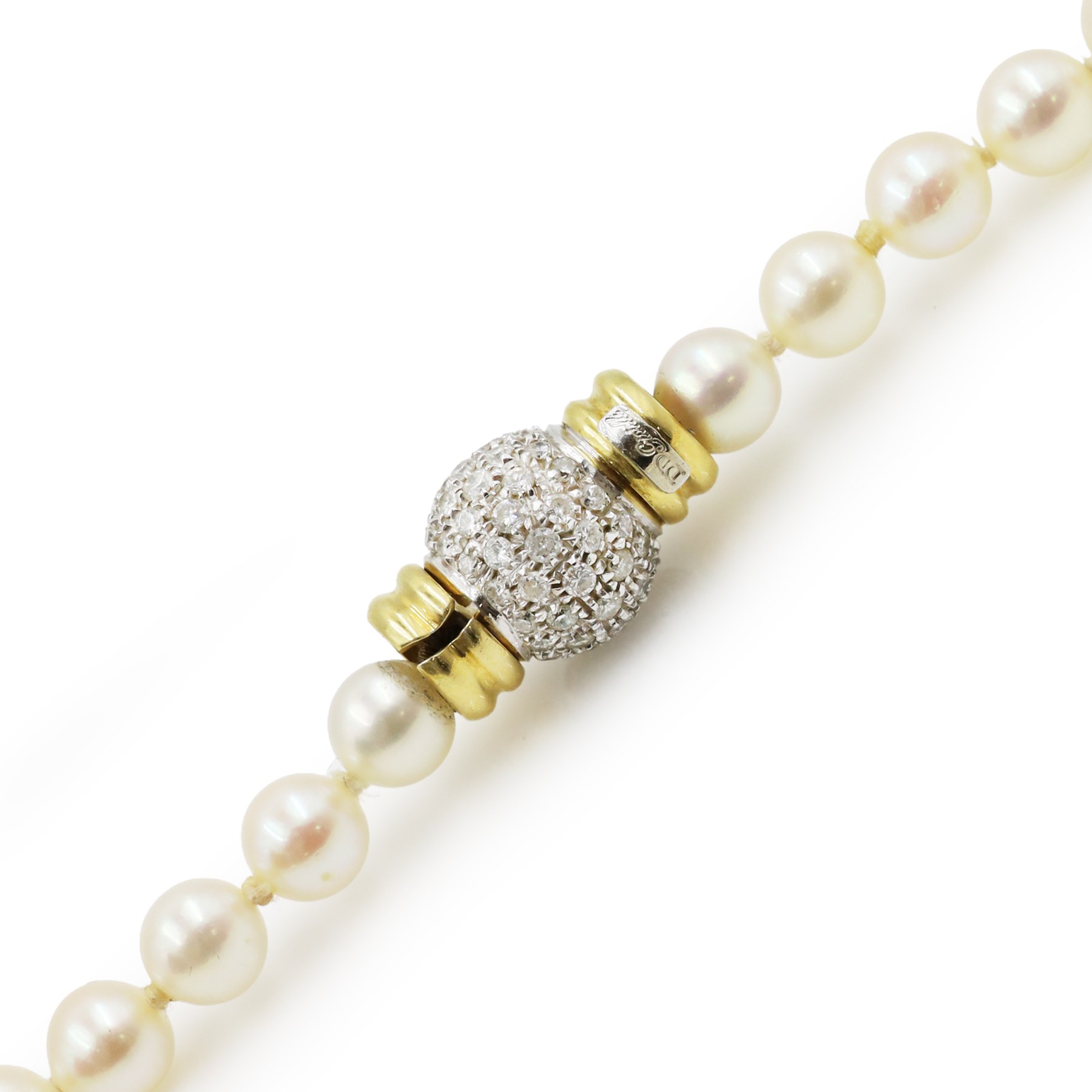 Single strand cultured pearl necklace, with 18ct gold pave set diamond clasp, Sheffield import mark 1996