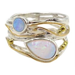 Silver and 14ct gold wire two stone opal ring, stamped 925