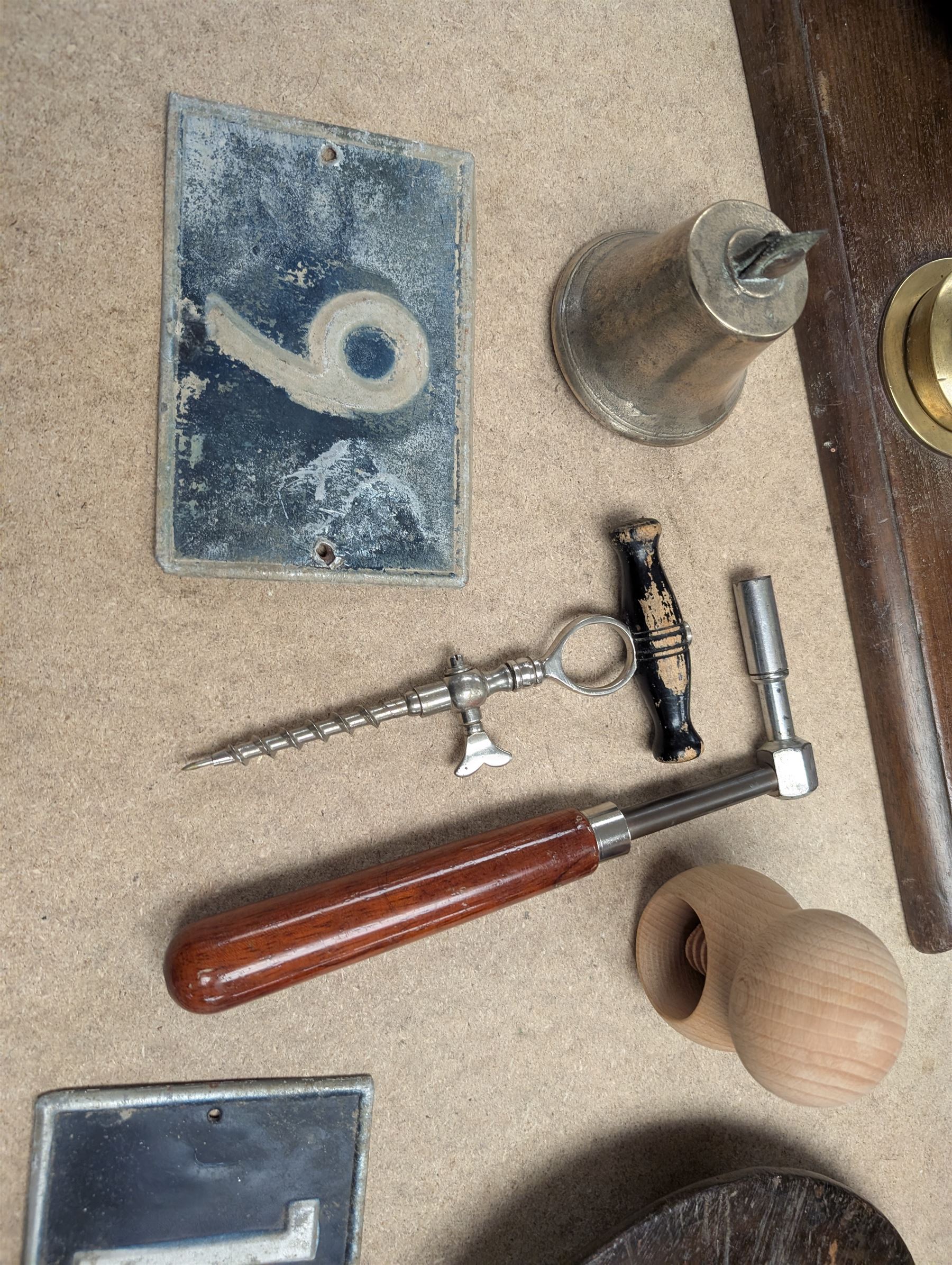 Avery Brass balance scales with weights on wooden plinth, Cannon grinding wheel, wheelwright's wooden traveller etc