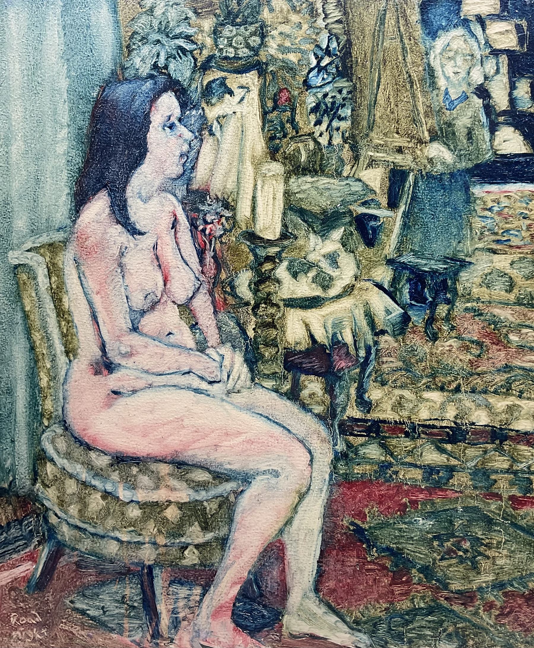 Raymond Arthur Roadnight (British 1941-): Seated Nude being Painted, oil on fabric signed 62cm x 52cm 
Provenance: the artist's studio collection. Born in High Wycombe, Roadnight spent three years training under Patrick Reyntiens and John Piper creating stained glass windows for Liverpool and Coventry cathedrals. These works included the great baptistry window in the New Coventry Cathedral, the 'Lantern' atop the Catholic Cathedral in Liverpool, and the grand windows in Oundle School Chapel. He has exhited at Royal Academy, Alfred East Gallery, Chichele College in Higham Ferriers, and Burleighfield House in Loudwater.