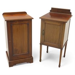 Two edwardian mahogany bedside cabinets, each enclosed by a single panelled door, one with...