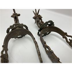 Pair of South American gaucho steel and brass spurs with eight-spike heel rowels, possibly Chilean L25cm