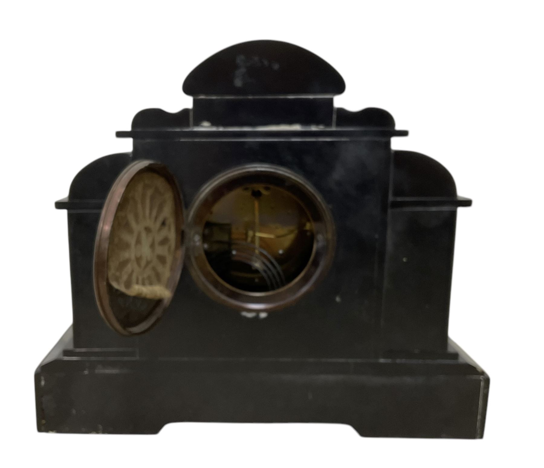 French-  late 19th century 8-day Belgium slate mantle clock c1890, break front case with contrasting variegated marble panels and recessed columns, on a deep stepped plinth with carved incised decoration to the front, dial with an ivorine chapter, Arabic numerals, steel hands and a recessed gilt centre, twin train rack striking movement, striking the hours and half hours on a coiled gong. With pendulum.  