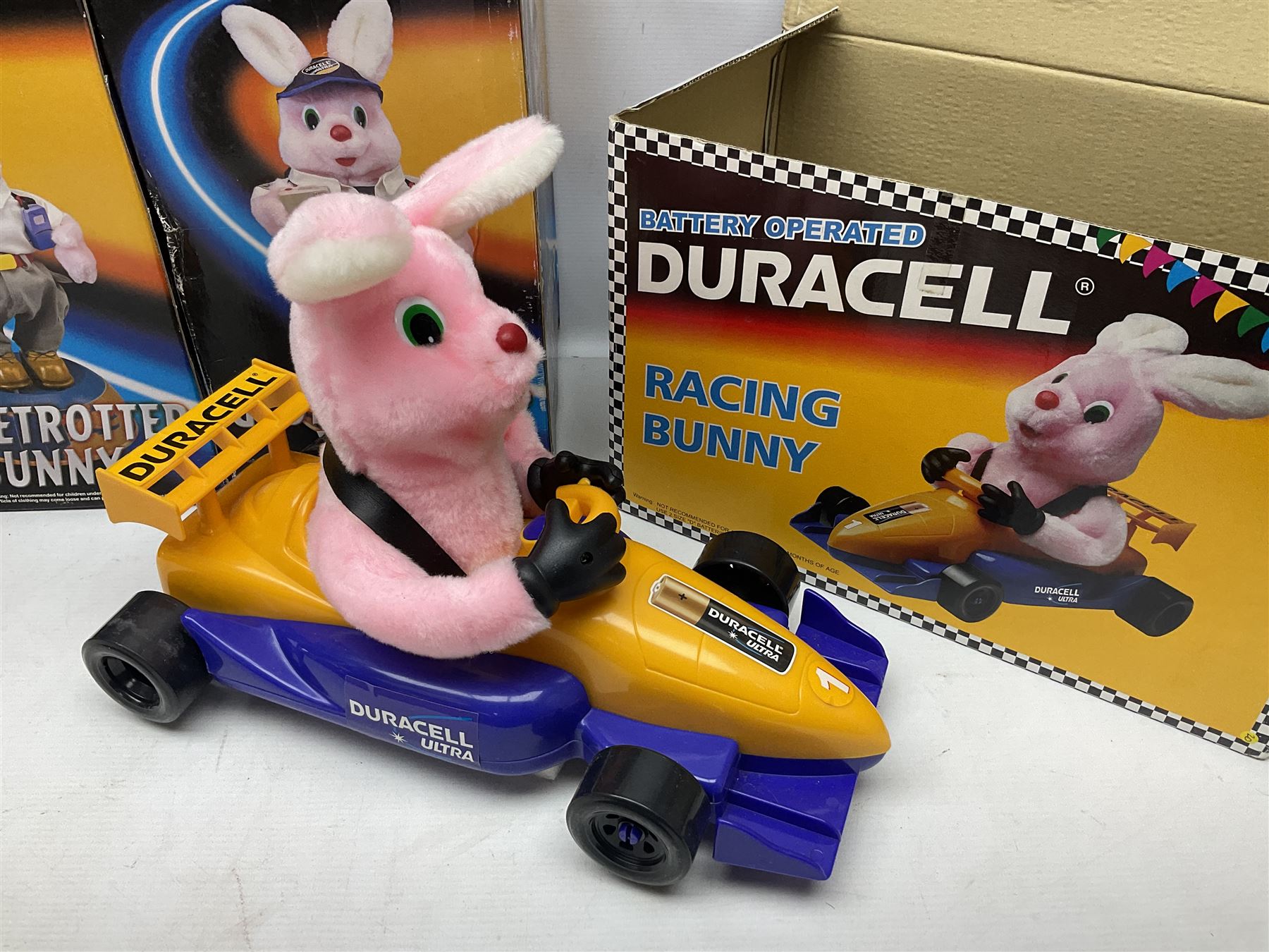 Collection of battery operated Duracell Bunny advertising figures, comprising two limited edition France 98 World Cup football bunnies, racing bunny, football bunny, two globetrotter bunny, fireman bunny and Christmas bunny, all boxed