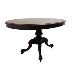 Victorian mahogany oval loo table, moulded edge with banded frieze, raised on baluster turned pedestal with quadrupod base, cabriole supports with scroll feet and castors