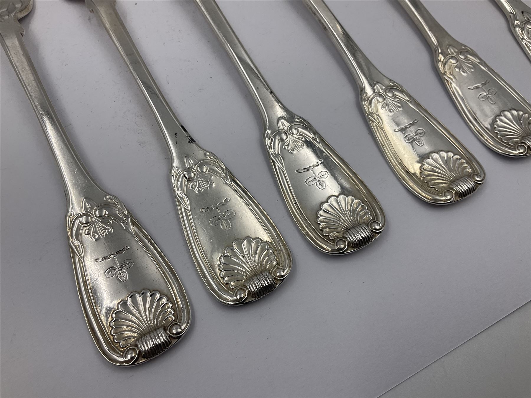 George IV Scottish silver Kings pattern cutlery for six place settings, to include table spoons, table forks, dessert spoons and dessert forks, all engraved with shamrock crest to terminal, hallmarked Robert Gray & Son, Glasgow 1833