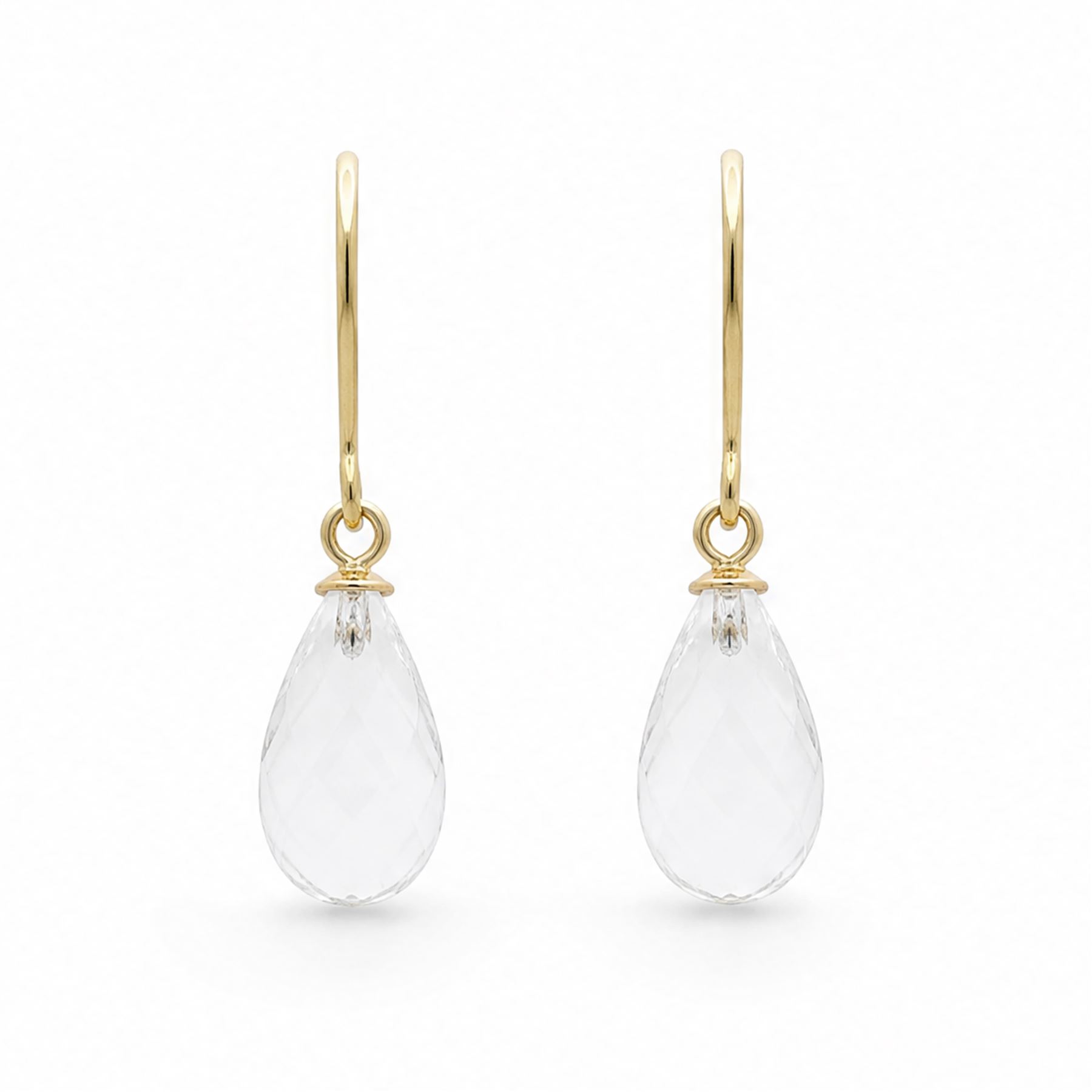 Pair of 9ct gold briolette cut clear quartz earrings, stamped 375