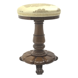 Victorian rosewood adjustable piano stool, circular revolving upholstered seat on turned column support, lobe carved platform base, three scroll carved feet, H53cm (lowest height)