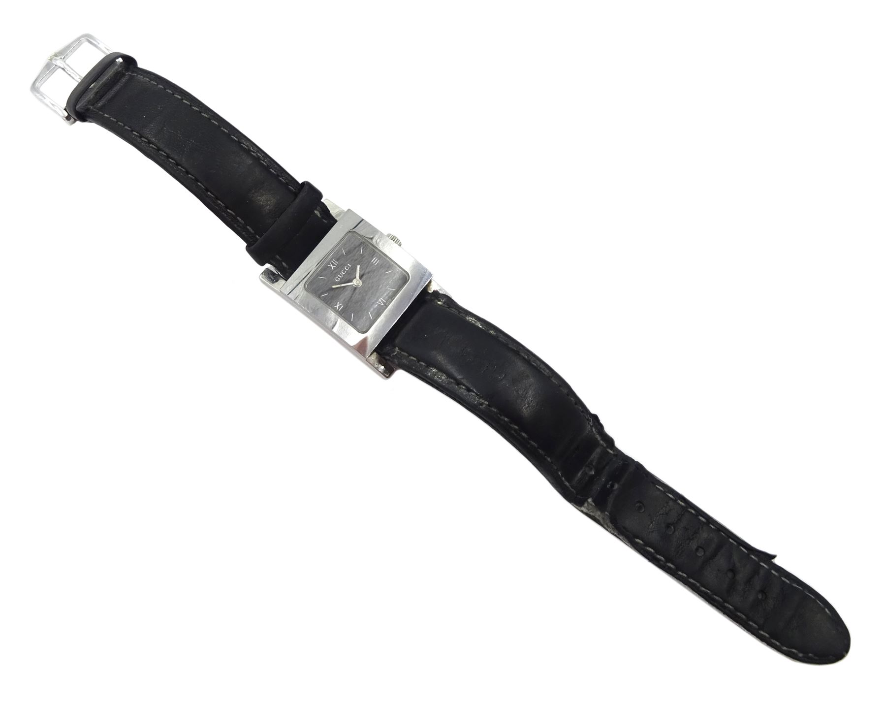 Gucci stainless steel quartz wristwatch model No. 7900 L, on leather strap, boxed with papers and receipt dated 2001