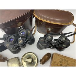 Pair of Vickers Adlerbick 10x50 binoculars and Swift Saratoga 8x40 binoculars, both with brown leather cases, silver plate cigarette case with gilt interior, wooden box and elephants etc
