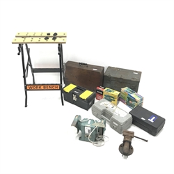 A quantity of tools including Nutool grinder, bench vice, trolley jack, folding work bench etc