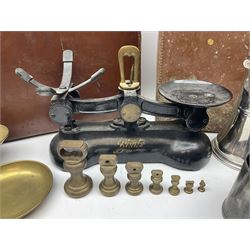 Assorted metal ware, to include scales and weights, various pewter tankards, and pewter claret jug, together with two vintage leather cases