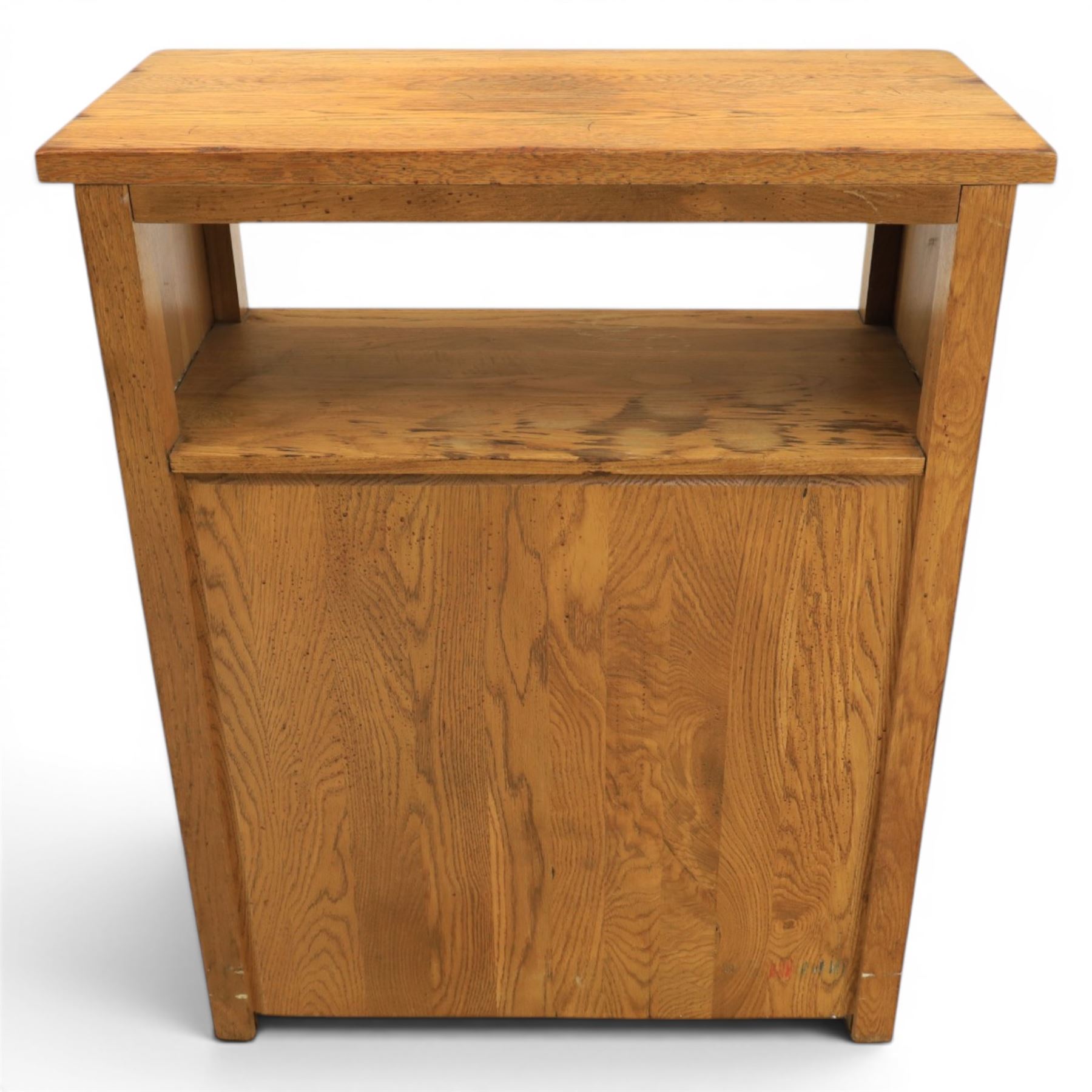 Traditional design light oak wine server, rectangular overhanging top above an open undertier with grooves for wine glasses, fitted with two drawers, lower section with open bottle racks for thirty five bottles, raised on square supports